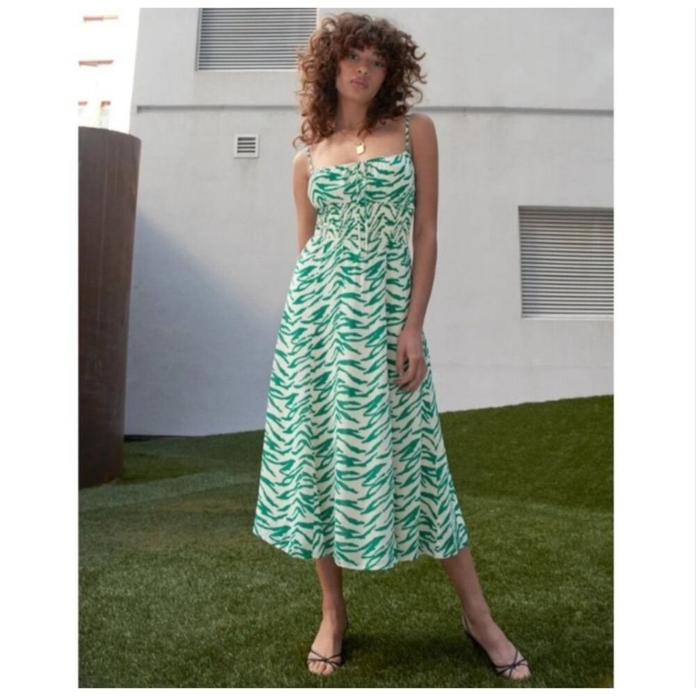 Reformation Bran Milkmaid Midi Dress Size 12 Kelly Green White Zebra Print